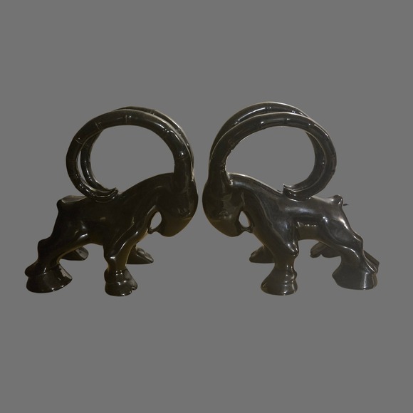 Other - Vtg Royal Haeger Mid Century Modern Black Gloss Ceramic Ibex Ram bookend MCM set